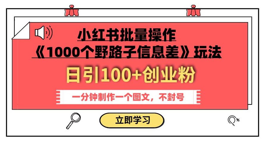 小红书批量操作《1000个野路子信息差》玩法，一分钟制作一个图文，不封号，日引100+创业粉-七量思维