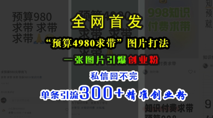 小红书“预算4980带我飞”图片打法，一张图片引爆创业粉，私信回不完，单条引流300+精准创业粉-七量思维