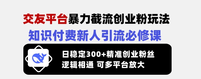 交友平台暴力截流创业粉玩法，知识付费新人引流必修课，日稳定300+精准创业粉丝，逻辑相通可多平台放大-七量思维