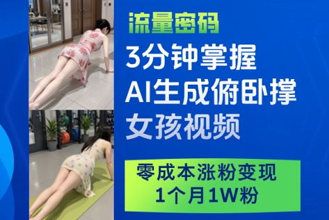 3分钟掌握AI生成俯卧撑女孩视频，零成本涨粉变现，1个月1W粉-七量思维