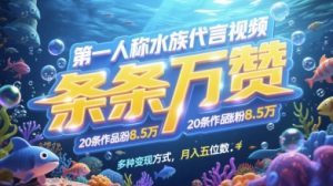 第一人称水族代言视频，条条万赞，20条作品涨粉7.8W，多种变现方式月入五位数-七量思维