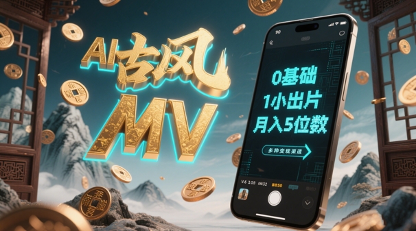 AI一键生成古风音乐MV，0剪辑基础1小时出片，多种变现渠道，一部手机月入5位数-七量思维