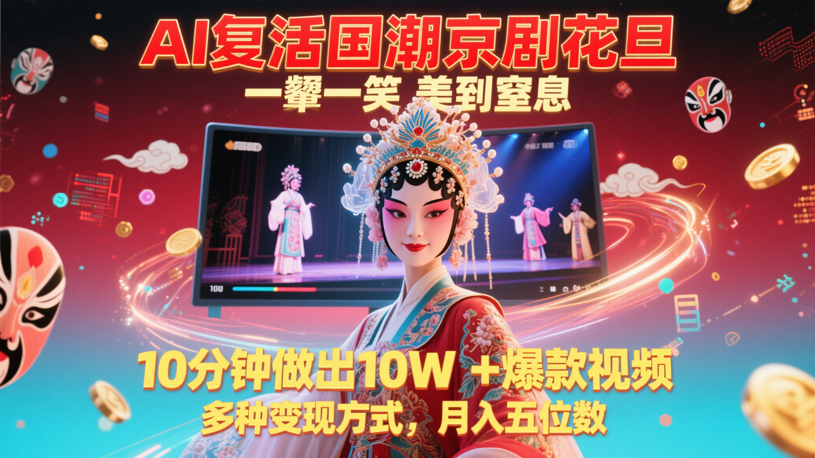 AI复活国潮京剧花旦，一颦一笑美到窒息，10分钟做出10W+爆款视频，多种变现方式-七量思维