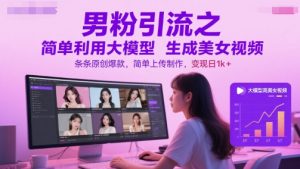 男粉引流之简单利用大模型生成美女视频，条条原创爆款，简单上传制作，变现日1k+-七量思维