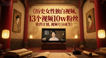 历史女性独白视频，13个视频10w粉丝，伙伴计划，视频号分成等-七量思维