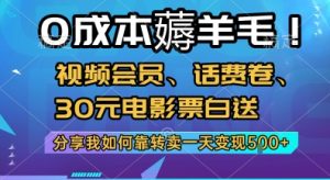0成本薅羊毛!视频会员、话费卷、30元电影票白送，分享我如何靠转卖一天变现5张+【揭秘】-七量思维