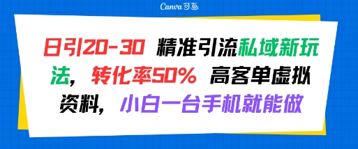 日引 20-30 精准引流私域新玩法，转化率50% 高客单虚拟资料，小白一台手机就能做-七量思维