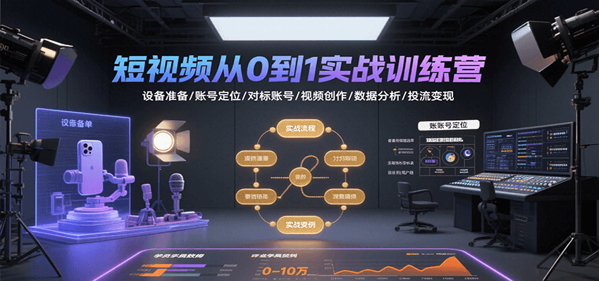 短视频从0到1实战训练营：设备准备/账号定位/对标账号/视频创作/数据分析/投流变现-七量思维