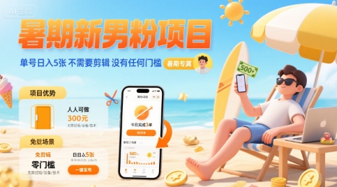 暑期新男粉项目 单号日入5张 不需要剪辑  没有任何门槛-七量思维