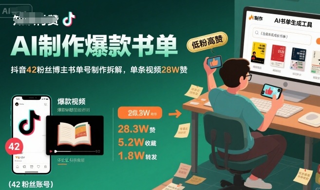 AI制作爆款书单，抖音42粉丝博主书单号制作拆解，单条视频28W赞-七量思维