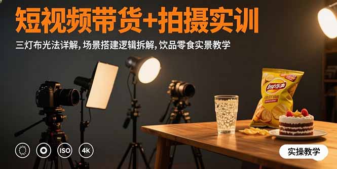 短视频带货+拍摄实训：三灯布光法详解,场景搭建逻辑拆解,饮品零食实景教学-七量思维