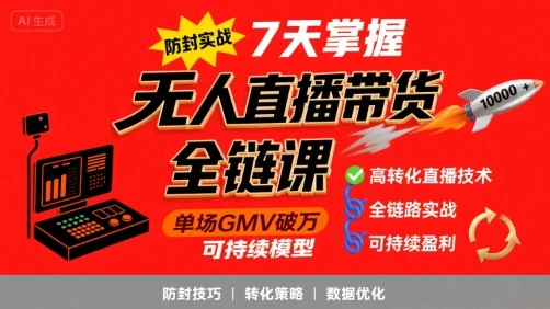 【精】无人直播带货全链防封实战课，7天掌握高转化直播技术，实现单场GMV破万可持续模型-七量思维