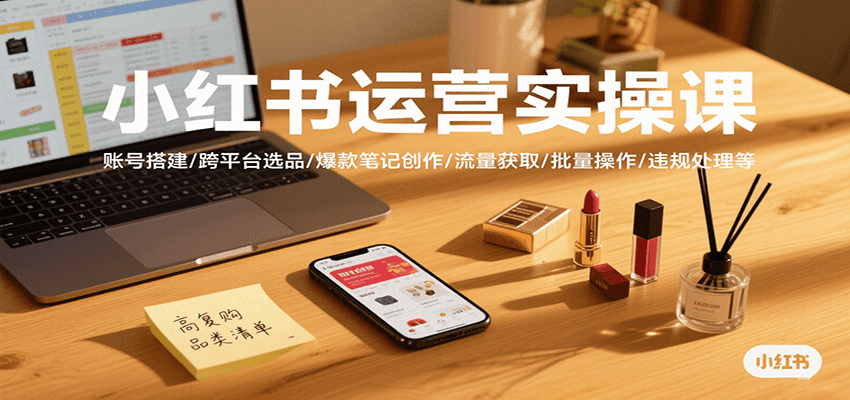 小红书运营实操课，账号搭建/跨平台选品/爆款笔记创作/流量获取/批量操作/违规处理等-七量思维