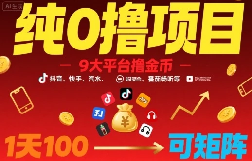 【精】纯0撸项目，9大平台撸金币，抖音，快手，汽水，番茄畅听等，1天100，可矩阵-七量思维