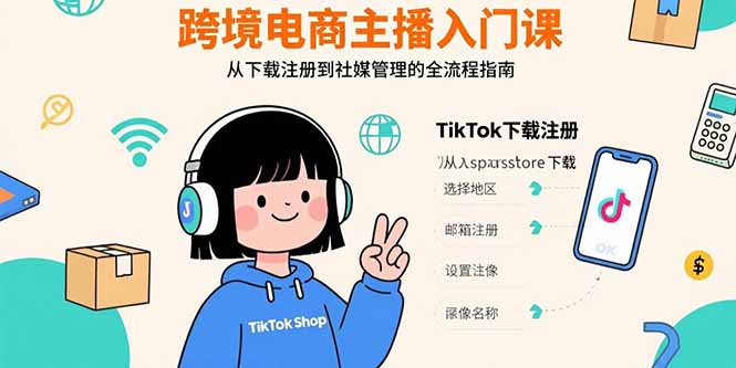 跨境电商主播入门课，TikTok下载注册，支付工具配置，社媒账号管理全流程-七量思维