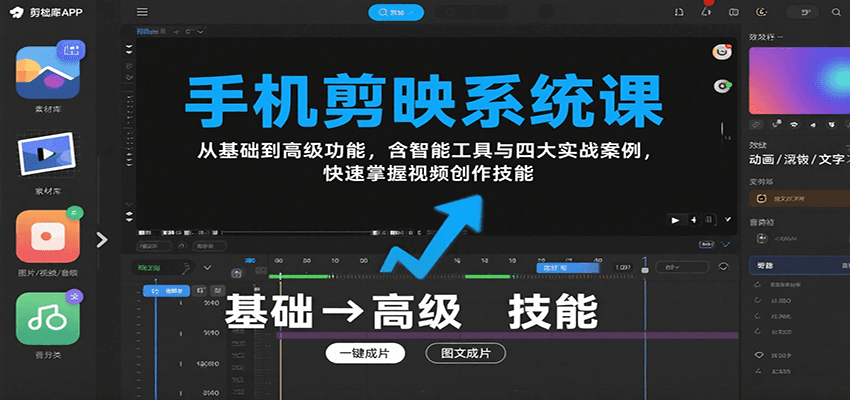 手机剪映系统课，从基础到高级功能，含智能工具与四大实战案例，快速掌握视频创作技能-七量思维
