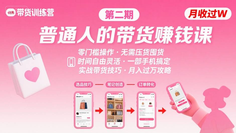 【精】小红书带货第二期训练营，普通人月收过W的带货课，时间自由，零门槛无压货，一部手机即可操作-七量思维