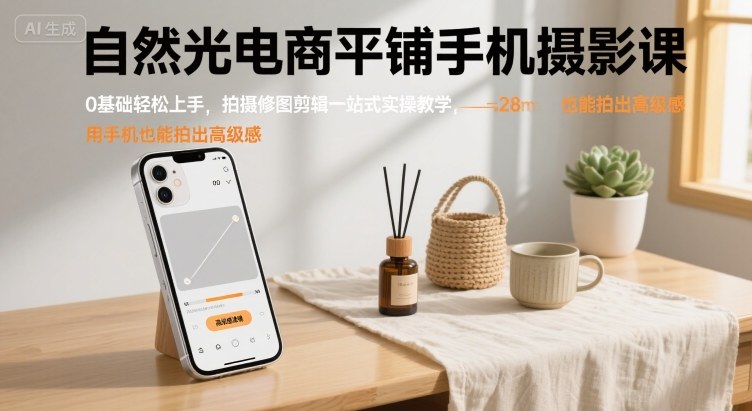 自然光电商平铺手机摄影课，0基础轻松上手，拍摄修图剪辑一站式实操教学，用手机也能拍出高级感-七量思维