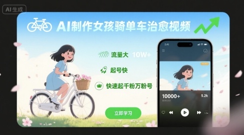 AI制作女孩骑单车治愈视频，流量大，起号快，快速起千粉万粉号-七量思维