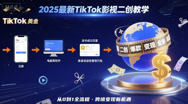 2025年最新TikTok影视二创教学，从注册到发布撸美金全流程，跨境变现新机遇-七量思维