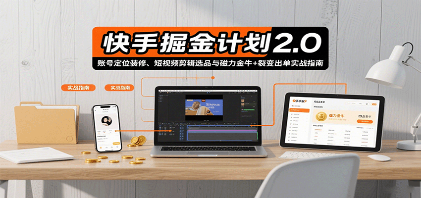 快手掘金计划2.0，账号定位装修、短视频剪辑选品与磁力金牛+裂变出单实战指南-七量思维