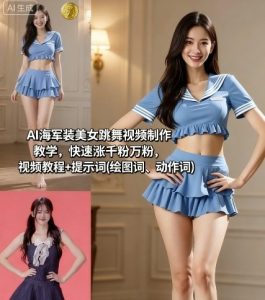 AI海军装美女跳舞视频制作教学,快速涨千粉万粉,视频教程+提示词(绘图词、动作词)-七量思维