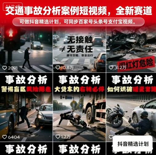 交通事故分析案例短视频，全新赛道，可做抖音精选计划，可同步百家号头条号支付宝视频号平台-七量思维