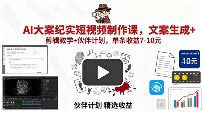 AI大案纪实短视频制作课，文案生成+剪辑教学+伙伴计划，单条收益7-10元-七量思维