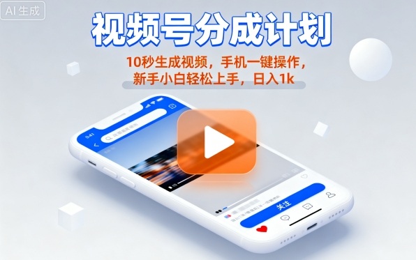 视频号分成计划懒人玩法，10秒生成视频，手机一键操作，新手小白轻松上手，日入1K【揭秘】-七量思维