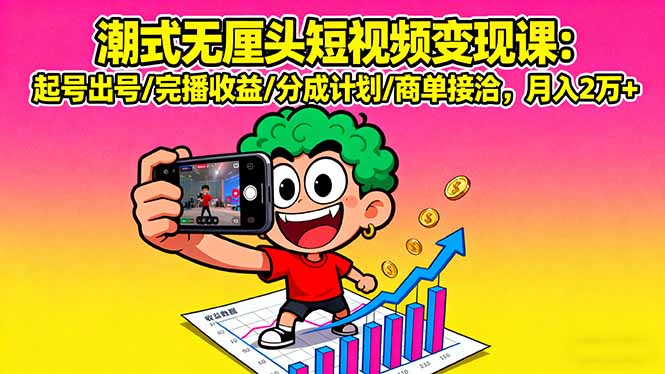 潮式无厘头短视频变现课：起号出号/完播收益/分成计划/商单接洽，月入2万+-七量思维