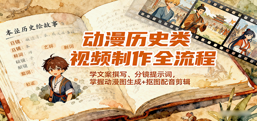 动漫历史类视频制作全流程，学文案撰写、分镜提示词，掌握动漫图生成+抠图配音剪辑-七量思维