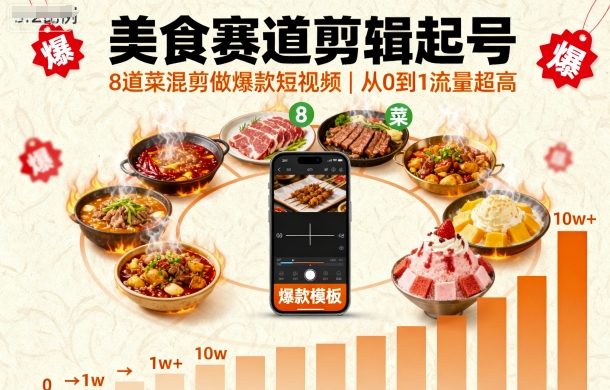 美食赛道剪辑起号，8道菜混剪做爆款短视频，从0到1，流量超高-七量思维