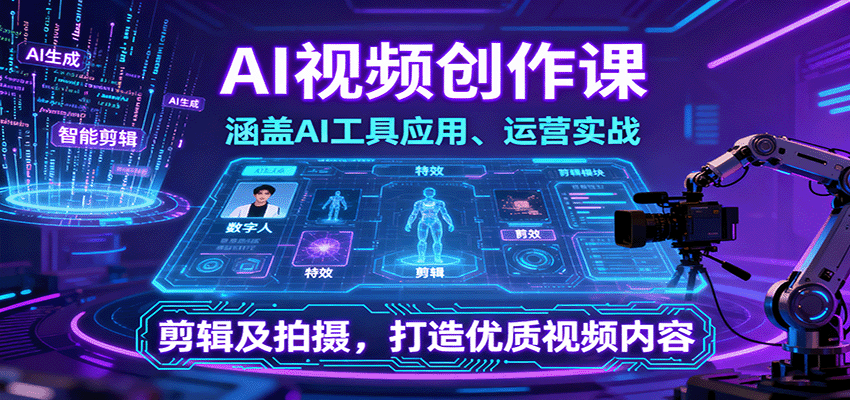 AI视频创作课，涵盖AI工具应用、运营实战、剪辑及拍摄，打造优质视频内容-七量思维
