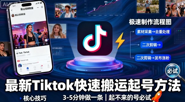 最新Tiktok快速搬运快速起号方法，3-5分钟做一条，起不来的号可以试试-七量思维