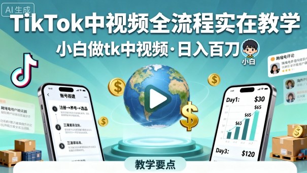 TikTok中视频全流程实操教学，小白做tk中视频，日入百刀-七量思维