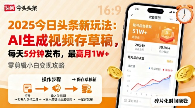 2025年今日头条躺賺新玩法，AI生成视频存草稿，每天5分钟发布，最高月1W+【揭秘】-七量思维