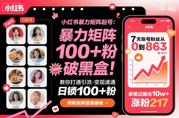 小红书暴力矩阵起号，教你打通引流-变现速通，日锁100+粉，破流量黑盒-七量思维