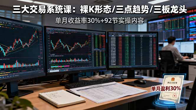 三大交易系统课：裸K形态/三点趋势/三板体系，单月收益率30%+92节实操内容-七量思维
