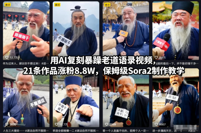 用AI复刻暴躁老道语录视频,21条作品涨粉8.8W,保姆级Sora2制作教学-七量思维