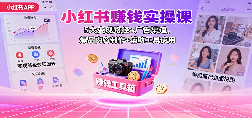 小红书赚钱实操课：5大变现路径+广告渠道，爆品内容制作+辅助工具使用-七量思维