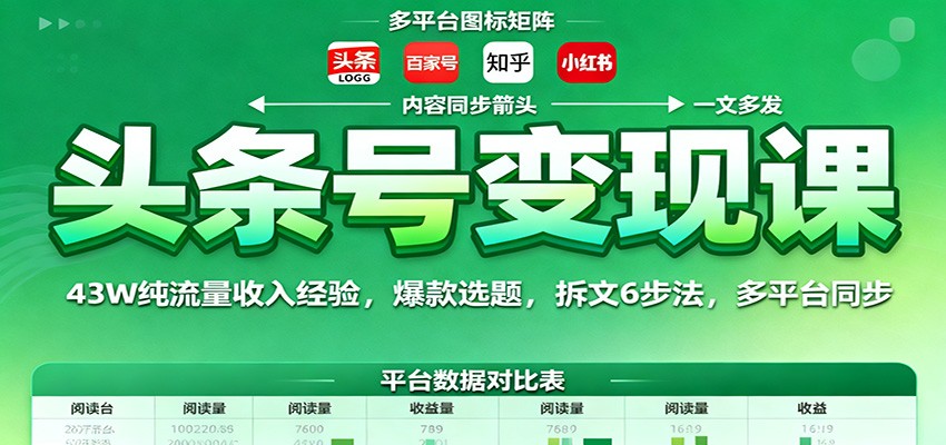 头条号变现课:43W纯流量收入经验,爆款选题,拆文6步法,多平台同步-七量思维