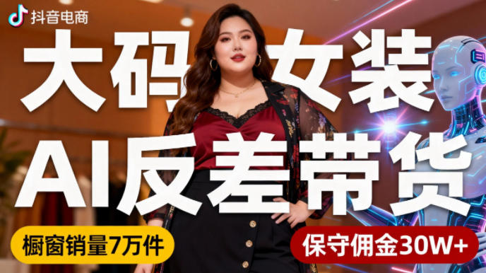 抖音小众赛道，大码女装AI反差带货，不用直播，每天6条作品，橱窗卖7万件，保守佣金30W+-七量思维