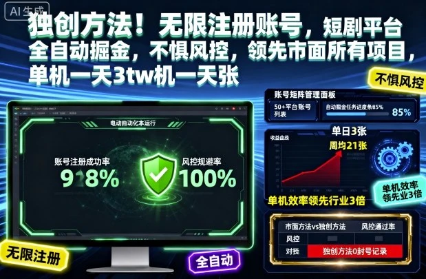 独创方法!无限注册账号,短剧平台全自动掘金,不惧风控,领先市面所有项目,单机一天3张【揭秘】-七量思维