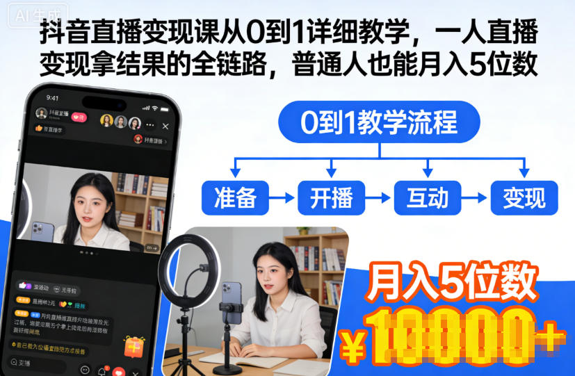 抖音直播变现课从0到1详细教学，一人直播变现拿结果的全链路，普通人也能月入5位数-七量思维