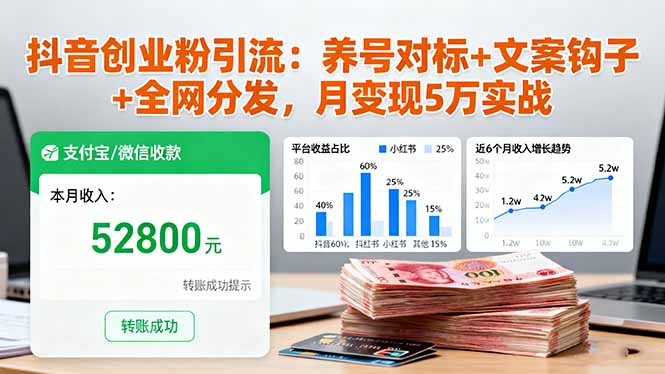 抖音创业粉引流：养号对标+文案钩子+全网分发，月变现5万实战-七量思维