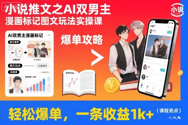小说推文之AI双男主漫画标记图文玩法实操课,轻松爆单,一条收益1k+-七量思维