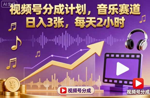 视频号分成计划，音乐赛道，日入3张，每天2小时-七量思维