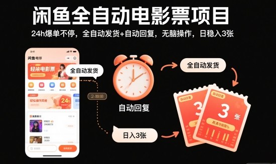 闲鱼全自动电影票项目,24h爆单不停,全自动发货+自动回复,无脑操作,日稳入3张【揭秘】-七量思维