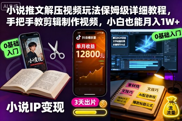 小说推文解压视频玩法保姆级详细教程,手把手教剪辑制作视频,小白也能月入1W+-七量思维