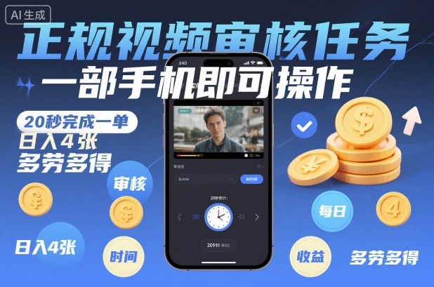 正规视频审核任务，一部手机即可操作，20秒完成一单，日入4张，多劳多得【揭秘】-七量思维